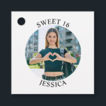 Modern Minimalist Sweet 16 Birthday Circle Photo Favour Tags<br><div class="desc">Create your own personalized white border round photo square favour tag for your her 16th birthday. Customize the solid white background colour or the black text colour to match your photo. If you change the font type or size, you can fine tune the curvature of the text in small increments....</div>