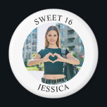 Modern Minimalist Sweet 16 Birthday Circle Photo Magnet<br><div class="desc">Create your own personalized white border photo round kitchen magnet for your her 16th birthday. Customize the solid white background colour or the black text colour to match your photo. If you change the font type or size, you can fine tune the curvature of the text in small increments. Have...</div>