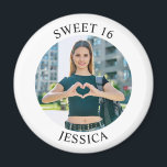 Modern Minimalist Sweet 16 Birthday Circle Photo Magnet<br><div class="desc">Create your own personalized white border photo round kitchen magnet for your her 16th birthday. Customize the solid white background colour or the black text colour to match your photo. If you change the font type or size, you can fine tune the curvature of the text in small increments. Have...</div>