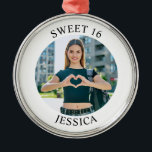 Modern Minimalist Sweet 16 Birthday Circle Photo Metal Ornament<br><div class="desc">Create your own personalized white border photo round premium Christmas keepsake ornament for your her 16th birthday. Customize the solid white background colour or the black text colour to match your photo. If you change the font type or size, you can fine tune the curvature of the text in small...</div>