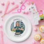 Modern Minimalist Sweet 16 Birthday Circle Photo Paper Plate<br><div class="desc">Create your own personalized white border round photo paper plates for your her 16th birthday. Customize the solid white background colour or the black text colour to match your photo. If you change the font type or size, you can fine tune the curvature of the text in small increments. Add...</div>