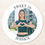 Modern Minimalist Sweet 16 Birthday Circle Photo Round Paper Coaster<br><div class="desc">Create your own personalized white border round photo paper party coaster for your her 16th birthday. Customize the solid white background colour or the black text colour to match your photo. If you change the font type or size, you can fine tune the curvature of the text in small increments....</div>