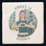 Modern Minimalist Sweet 16 Birthday Circle Photo Stone Coaster<br><div class="desc">Create your own personalized white border round photo stone coaster for your her 16th birthday. Customize the solid white background colour or the black text colour to match your photo. If you change the font type or size, you can fine tune the curvature of the text in small increments. Have...</div>