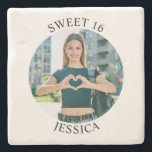 Modern Minimalist Sweet 16 Birthday Circle Photo Stone Coaster<br><div class="desc">Create your own personalized white border round photo stone coaster for your her 16th birthday. Customize the solid white background colour or the black text colour to match your photo. If you change the font type or size, you can fine tune the curvature of the text in small increments. Have...</div>