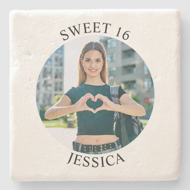 Modern Minimalist Sweet 16 Birthday Circle Photo Stone Coaster (Front)