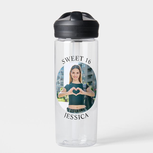 Modern Minimalist Sweet 16 Birthday Circle Photo Water Bottle (Front)