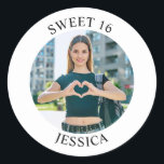 Modern Minimalist Sweet 16 Birthday Photo Classic Round Sticker<br><div class="desc">Create your own personalized white border photo round envelope seals for your her 16th birthday. Customize the solid white background colour or the black text colour to match your photo. If you change the font type or size, you can fine tune the curvature of the text in small increments. Have...</div>