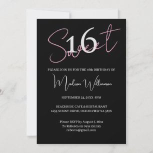 Modern Minimalist Sweet 16 Black Pink Birthday  Invitation