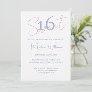 Modern Minimalist Sweet 16 Blue White Birthday Invitation