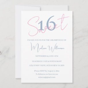 Modern Minimalist Sweet 16 Pink Blue Birthday Invitation