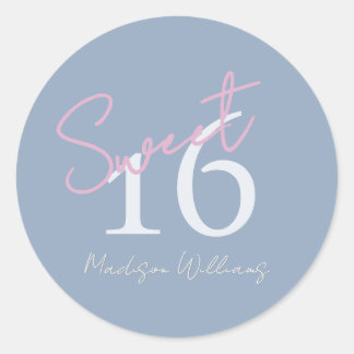 Modern Minimalist Sweet 16th Pink Blue Birthday Classic Round Sticker