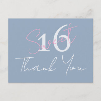 Modern Minimalist Sweet 16th Pink Blue Thankyou Postcard