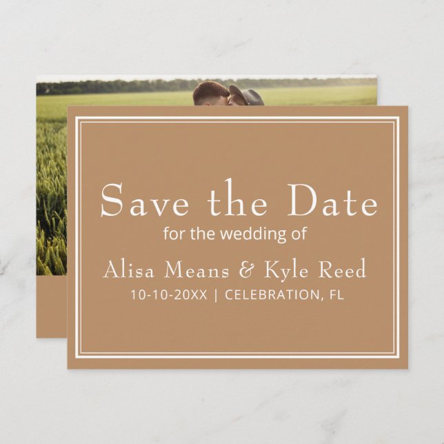 Modern Minimalist Tan Photo Save the Date (Front/Back)