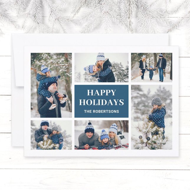 Modern Minimalist Teal 8 Photo Christmas Cards (Modern, elegant family in winter photo collage Christmas greeting card in teal blue, Happy Holidays.)