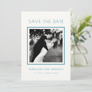 Modern Minimalist Teal Blue Border Photo Wedding Save The Date