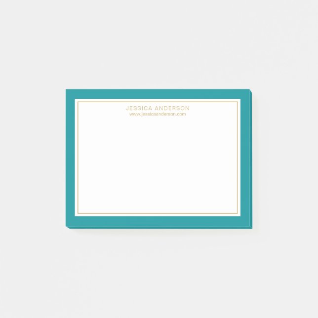 Modern Minimalist Teal Gold Border Personalized Post-it Notes (Front)
