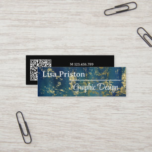 Modern Minimalist Teal Gold Dark QR Code Mini Business Card