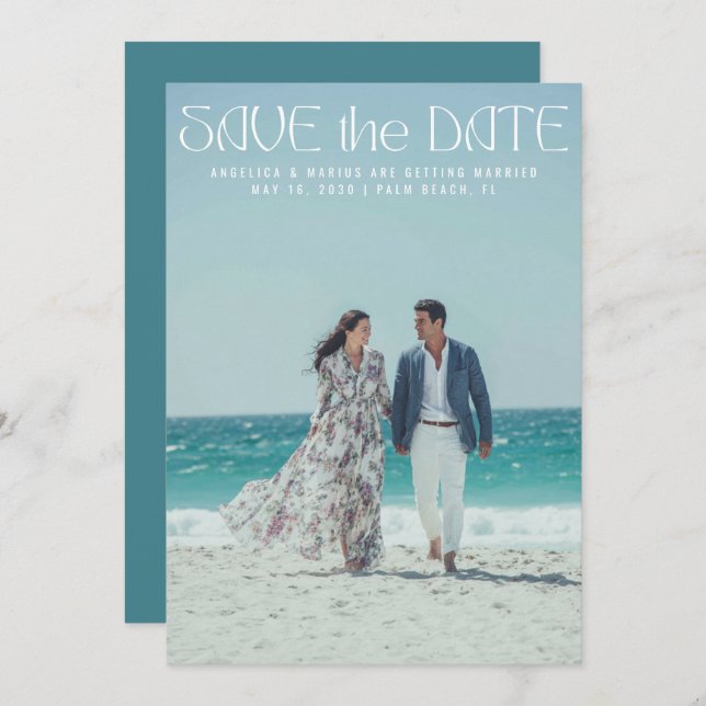 Modern Minimalist Teal Typography Photo Wedding Save The Date (Front/Back)