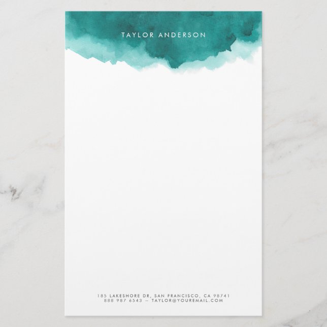 Modern Minimalist Teal Watercolor Splash Stationery (Front)