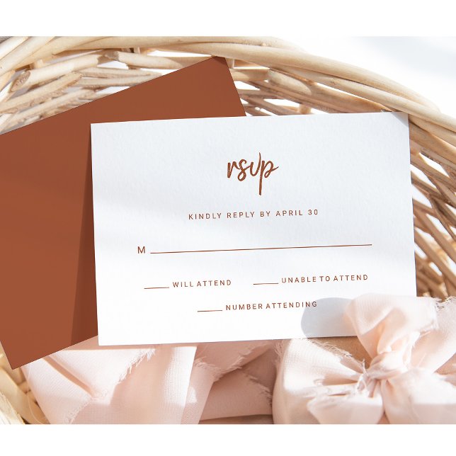 Modern Minimalist | Terracotta Script Wedding RSVP Card (Creator Uploaded)