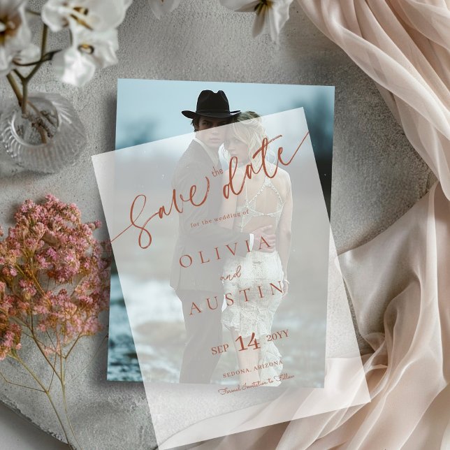 Modern Minimalist Terracotta Wedding Save the Date Vellum Invitations (Creator Uploaded)