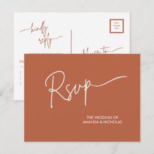 Modern Minimalist Terracotta White Wedding RSVP  Postcard