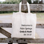 Modern Minimalist Text Destination Wedding Welcome Tote Bag<br><div class="desc">Welcome guests to your destination wedding with these chic and modern personalized tote bags. Design features "welcome to [destination]" in black sans serif lettering with your names and wedding date beneath,  aligned at the lower right for a minimalist,  midcentury modern look.</div>