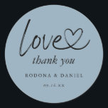 Modern Minimalist Thank You Wedding Dusty Blue Classic Round Sticker<br><div class="desc">Simple and modern minimalist thank you wedding dusty blue sticker with connecting heart in love.</div>