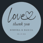 Modern Minimalist Thank You Wedding Dusty Blue Classic Round Sticker<br><div class="desc">Simple and modern minimalist thank you wedding dusty blue sticker with connecting heart in love.</div>