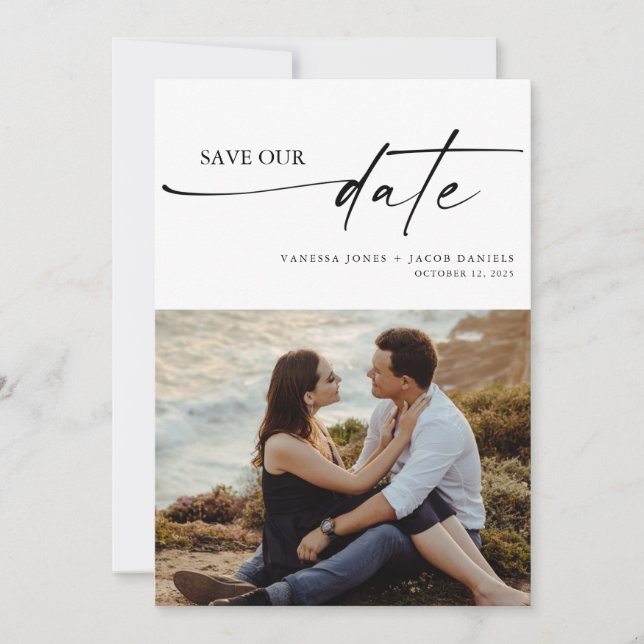 Modern Minimalist Thin Script Wedding Photo Save The Date (Front)