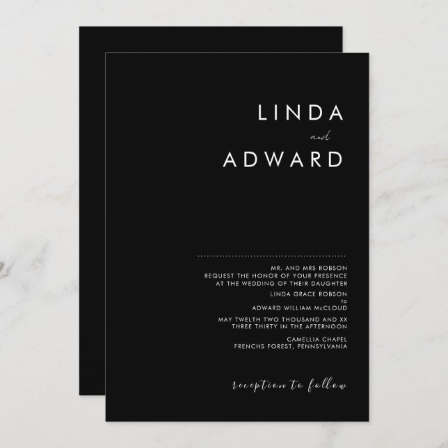 Modern Minimalist Traditional  Black Wedding Invitation (Front/Back)