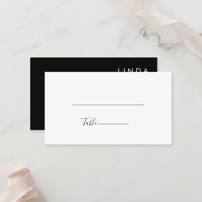 Modern Minimalist Traditional  Black Wedding Place Card (Front/Back In Situ)