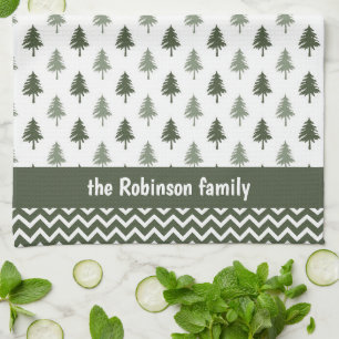 Modern Minimalist Trees Family Name Christmas Kitchen Towel