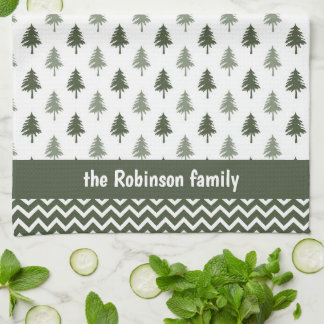 Modern Minimalist Trees Family Name Christmas Kitchen Towel