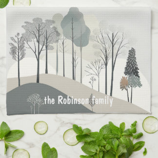 Modern Minimalist Trees Family Name Christmas Kitchen Towel