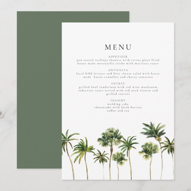 Modern Minimalist Tropical Palm Tree Dinner Menu Invitation (Front/Back)