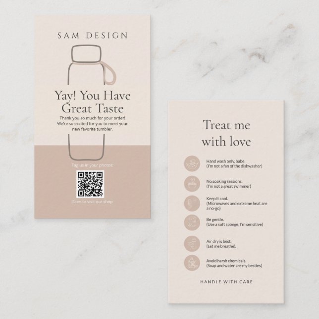 Modern Minimalist Tumbler Care Card with Barcode (Front/Back)