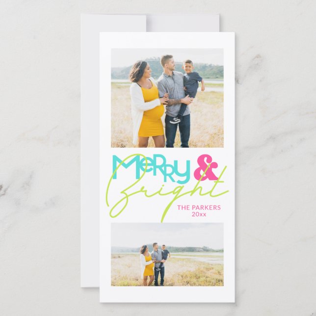 Modern Minimalist Typography 2 Photo Merry Bright Announcement (Front)