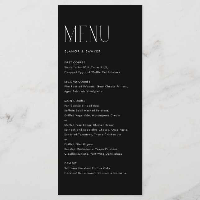 Modern Minimalist Typography Black Wedding Menu (Front)