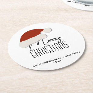Modern Minimalist Typography Merry Christmas Party Round Paper Coaster