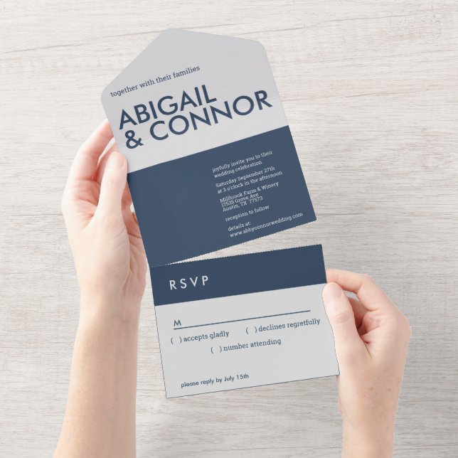 Modern Minimalist Typography Navy Blue Grey All In One Invitation (Tearaway)