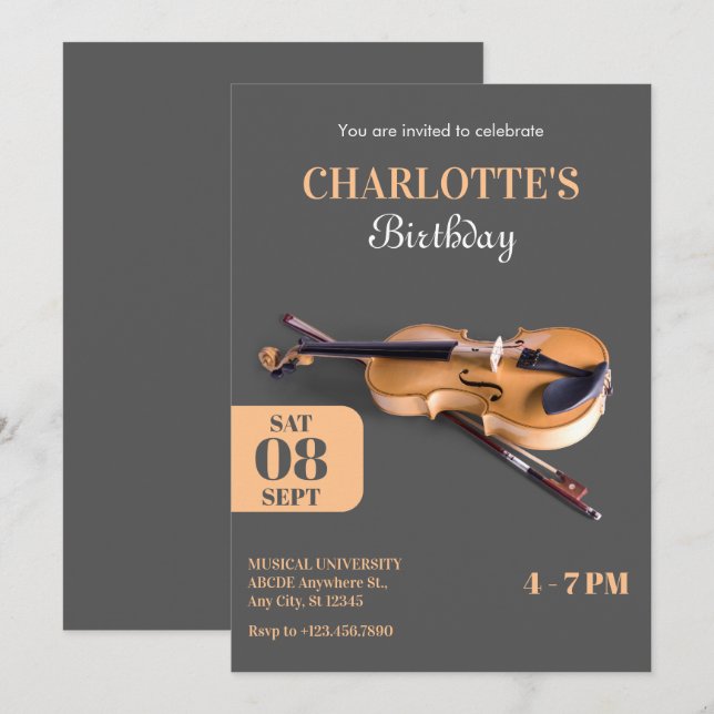 Modern minimalist violin birthday invitation (Front/Back)