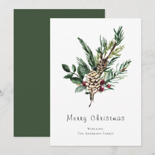 Modern Minimalist Watercolour Holly Pine Cone Holiday Card