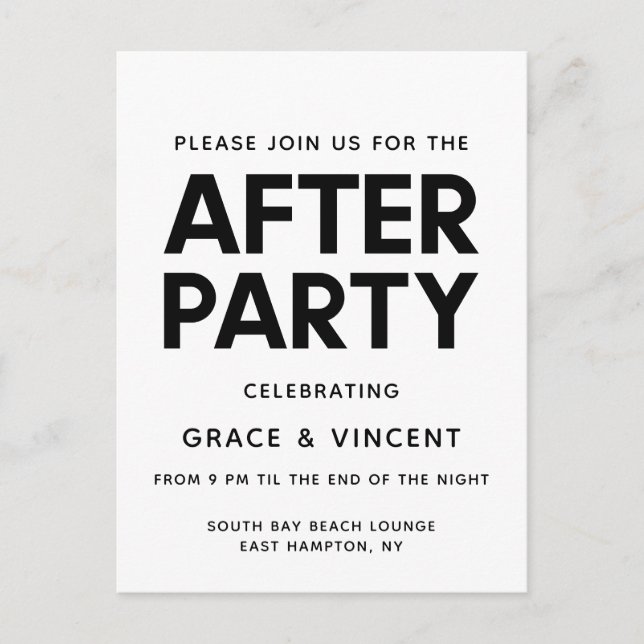 Modern minimalist wedding after party invitation postcard (Front)