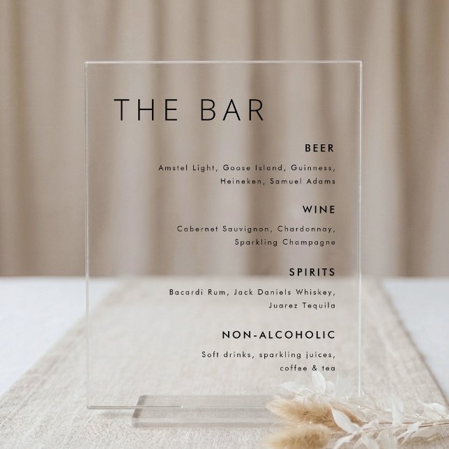 Modern Minimalist Wedding Bar Menu Acrylic Sign (Creator Uploaded)