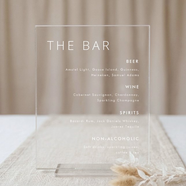 Modern Minimalist Wedding Bar Menu Table Acrylic Sign (Creator Uploaded)