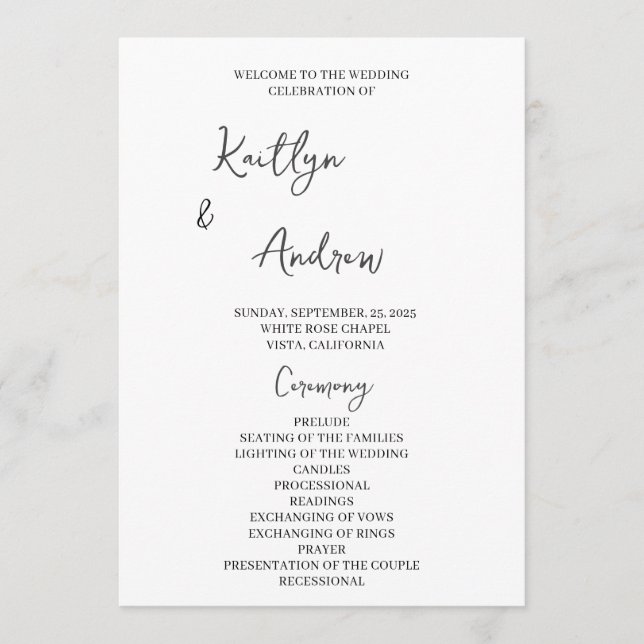 Modern Minimalist Wedding Ceremony, Handwritten  Program (Front)