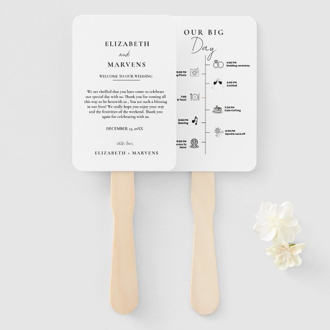 Modern Minimalist wedding day  Events Timeline  Hand Fan (Front and Back)