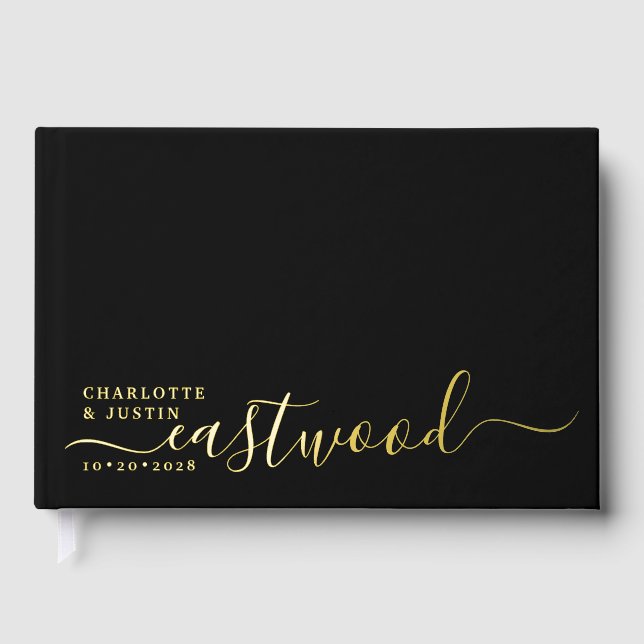 Modern Minimalist Wedding Monogram Foil Black Guest Book (Front)