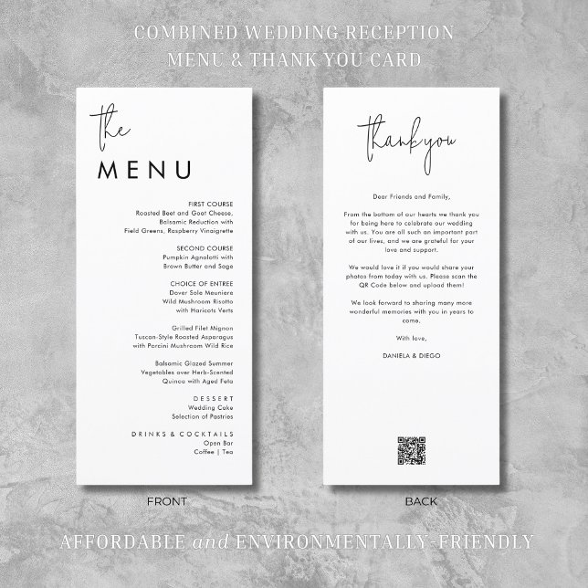 Modern Minimalist Wedding Reception Thank You & Menu (Modern. minimalist wedding reception menu & thank you card. Affordable and environmentally-friendly!)